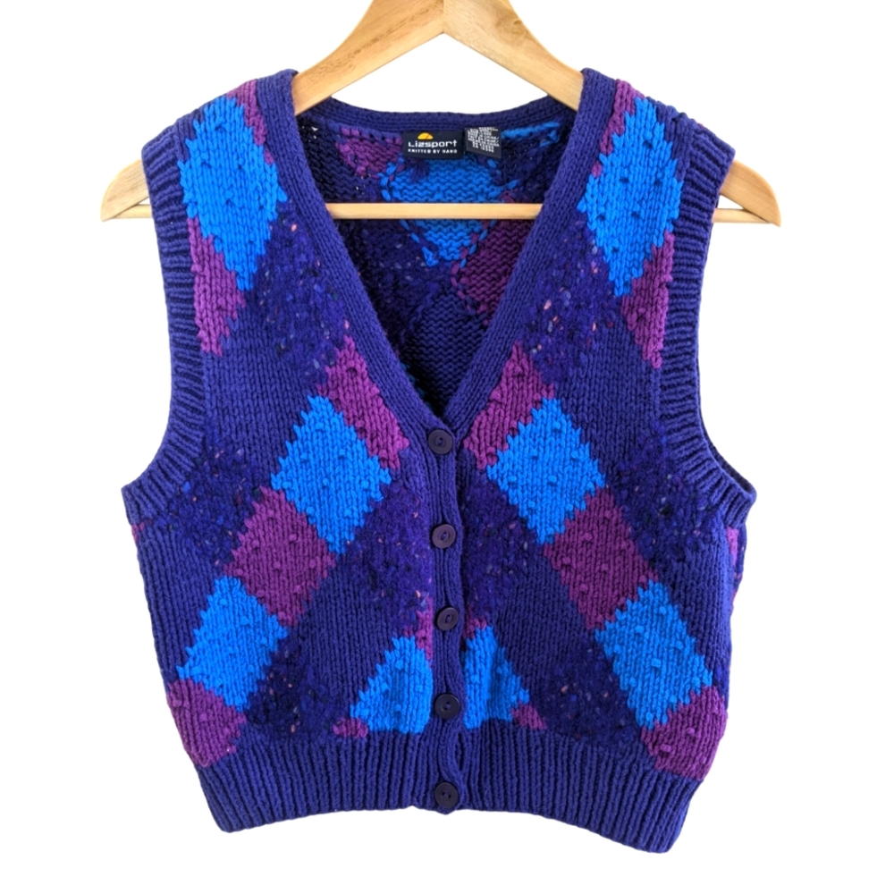 Vintage Liz Sport Argyle Sweater Vest Blue Purple Medium